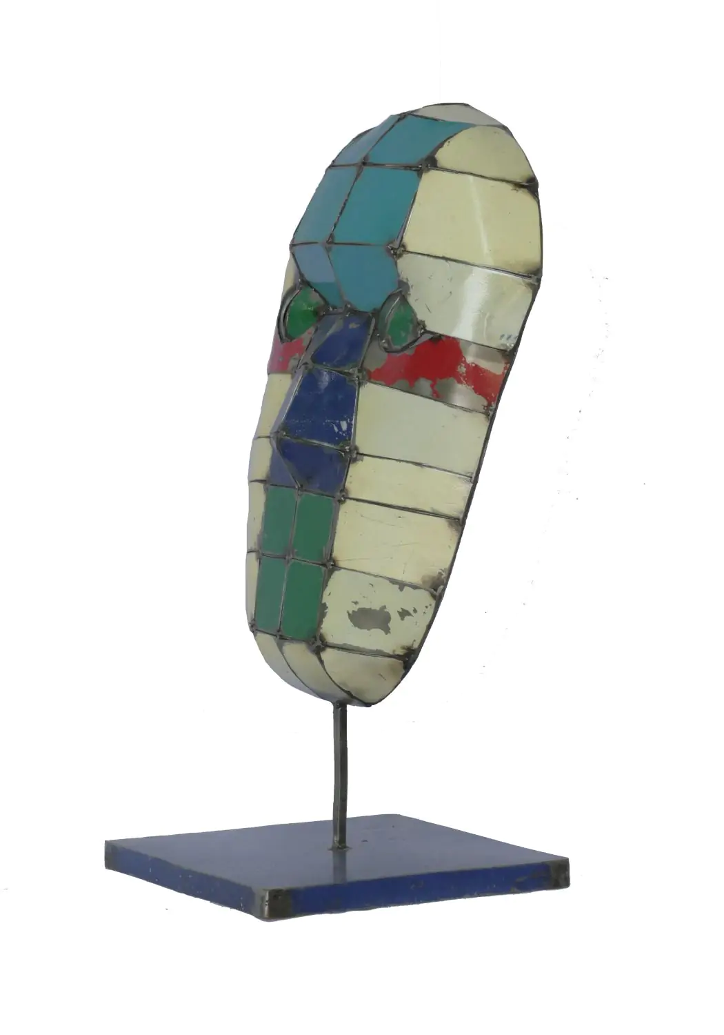  Product image 3 of the product “Small Mask on stand - Modell 4, 53cm height, sculpture from upcyceled oil barrel. ”